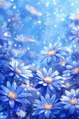 Blue Floral Wonderland, delicate blue flowers against a magical blue bokeh background.
