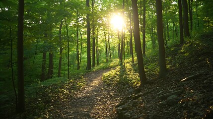 Obraz premium Sunlit Forest Path Winding Through Green Trees