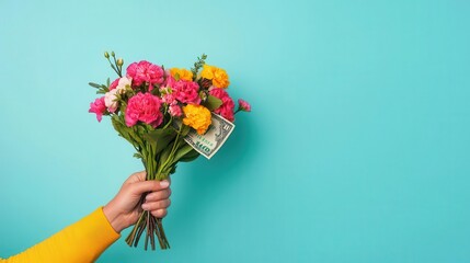 A hand holding a bouquet of flowers mixed with dollar bills, signifying wealth and natural abundance