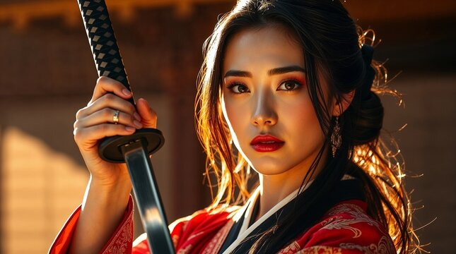 Close up beautiful asian woman hoding katana samurai sward , in kimono costume.