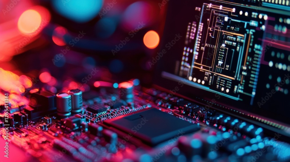Poster futuristic circuit board is illuminated by colorful lights while displaying schematics on a computer