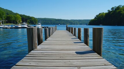 Obraz premium Lakeside wooden pier leading to a tranquil harbor