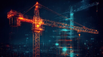 Digital construction crane at night, city skyline in the background, futuristic cityscape