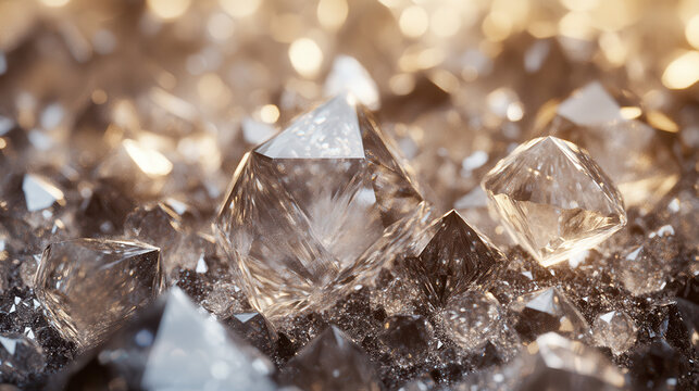 A dazzling display of crystalline structures shimmering with light reflecting and refracting golden illumination across their geometric facets emphasizing their raw beauty