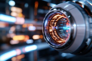 This artistic close-up image of a futuristic lens captures the vibrant urban lights, blending technology and movement to illustrate the dynamic interactions in modern city life.