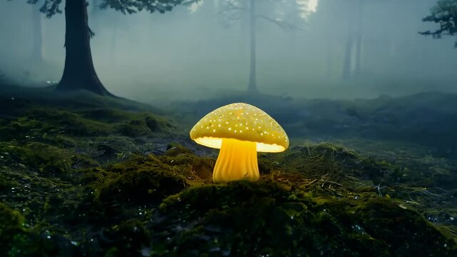 A bright yellow magical mushroom grows in a dark mossy forest. A patch of bright glowing mushrooms thrives in the mossy forest at night.
