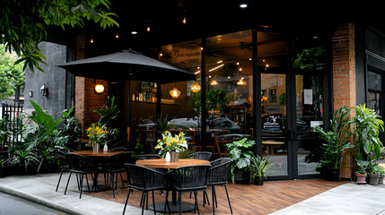 Fototapeta premium Outdoor cafe, city street, plants, evening ambiance, relaxing atmosphere