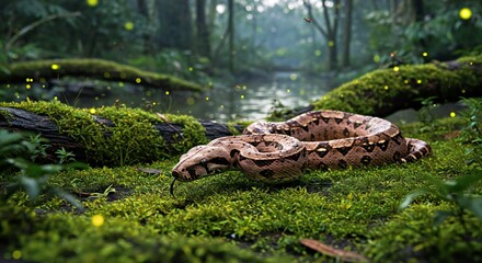 Obraz premium Boa Constrictor Slithering Through Thick, Damp Moss on a Riverbank at Dusk, Its Body Gliding Effortlessly Over the Lush Green Surface 