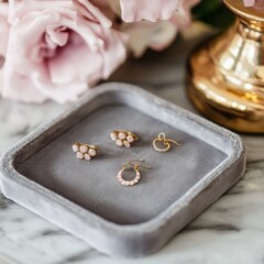 Elegant gold and pink jewelry arrangement on marble surface with flowers