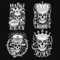 Carnival black and white Mardi Gras labels with human skull, crown, festive garlands, king cake, beer, beads, text. Black background. For prints, clothing, t shirt, holiday design