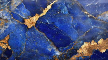 Close-up of a lapis lazuli stone featuring deep blue hues contrasted with shimmering gold inclusions creating a captivating natural abstract art piece