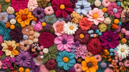A vibrant arrangement of colorful fabric flowers, showcasing various shapes and sizes, creating a lively and artistic floral display.