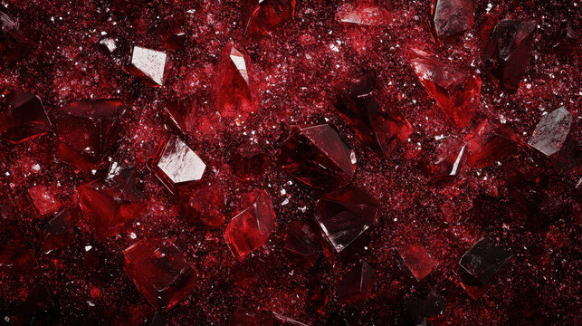 Intricate detail of translucent red crystals scattered across a textured granular surface, displaying complex refractions and dark contrasts with underlying shadows evoking a sense of raw geologic bea