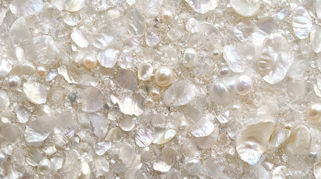 Iridescent pearl and shell abstract texture with pearly luster shimmering across the various textures and delicate surfaces creating a luminous and elegant design