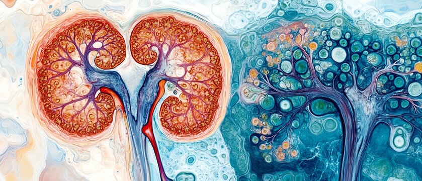 Renal pathology image showing chronic kidney disease effects on kidney tissue, histopathology focus on fibrosis, glomerulosclerosis, tubular changes, kidney function decline