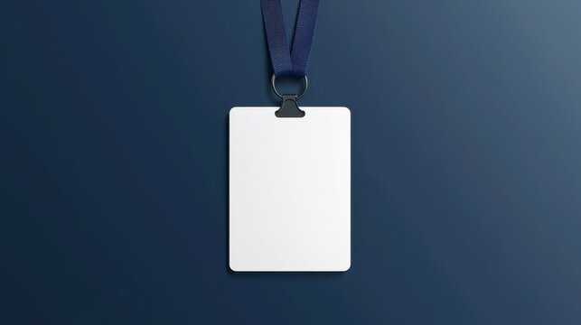 A blank identification badge on a navy blue background, suspended by a lanyard, ready for personalization.