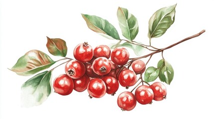 A vibrant watercolor illustration of red berries on a branch, surrounded by green leaves, showcasing a fresh and natural aesthetic.