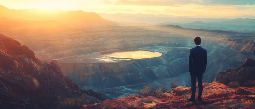Businessman Contemplating Vast Open Pit Mine at Sunset A Scene of Industry and Reflection
