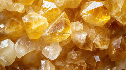 A dazzling array of golden calcite crystals exhibiting complex geometric shapes and internal reflections creating a visually captivating mineral specimen