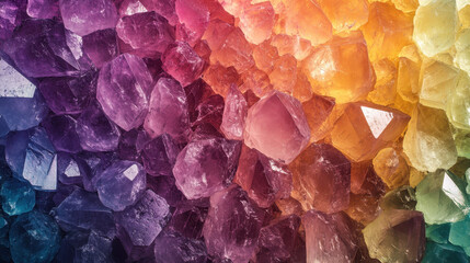 Macro shot of rainbow-colored crystals showcasing vibrant hues and intricate formations creating a mesmerizing spectacle of light and color gradients