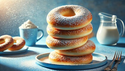 A stack of fresh bagel halves generously dusted with powdered sugar, placed on a blue plate