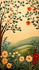 A serene landscape featuring vibrant flowers, leafy trees, and rolling hills under a soft, pastel sky.