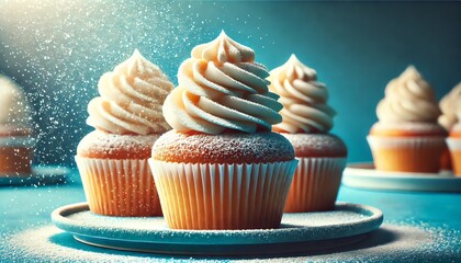 A stack of fresh cupcakes generously dusted with powdered sugar, placed on a blue plate