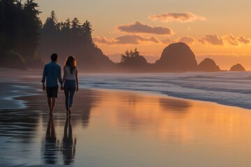 Fototapeta premium Couple walking on the beach at sunset with beautiful ocean and rock formations