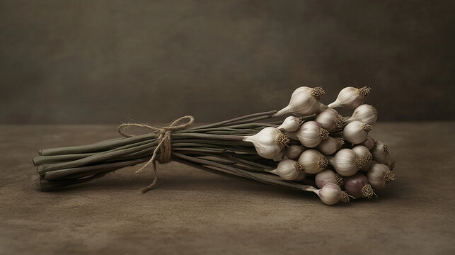 A bundle of fresh garlic bulbs tied together placed