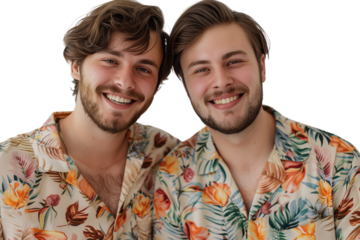 Happy Gay Couple Smiling Together in Matching Tropical Outfits with Floral Patterns on a Soft Background