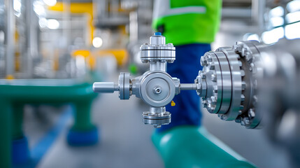 Fototapeta premium Industrial pipeline with a complex valve system in silver, showcasing detailed engineering and connections. Focus on precision.