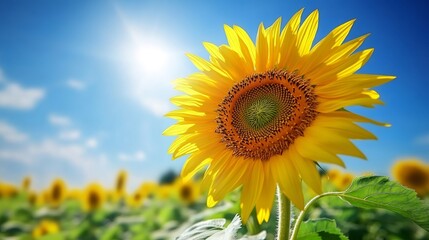 Obraz premium Sunflower blooming in agricultural field on sunny summer day