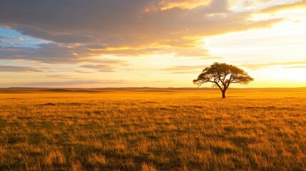 Obraz premium A stunning sunset over a vast golden field, with a solitary tree silhouetted against the vibrant sky. The tranquil scene captures the essence of nature's beauty and serenity.