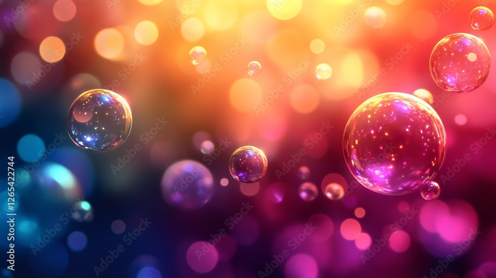 Poster Soap bubbles floating on a colorful bokeh background creating a dreamlike atmosphere