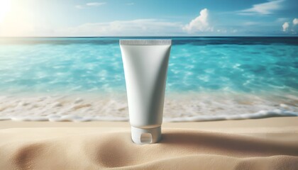 white cream tube standing on the sand of a tropical beach