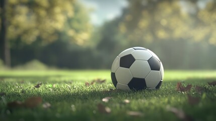Fototapeta premium Soccer ball on grass lawn. Outdoor activity.