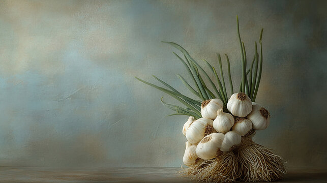 A bundle of fresh garlic bulbs tied together placed