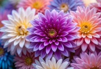 Fototapeta premium Chromatic floral fantasy: A symphony of dahlia blooms in vibrant hues and artistic focus