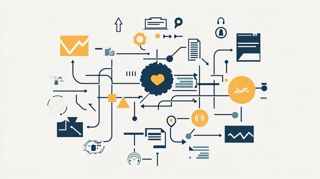 Visual representation of a complex process or system, using interconnected icons and lines to show data flow and dependencies.