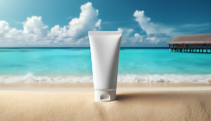 white cream tube standing on the sand of a tropical beach