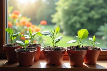 Obraz premium A sunny windowsill with various seedling pots arranged neatly, showing different stages of growth. Outside, a lush garden with trees and flowers adds a beautiful backdrop