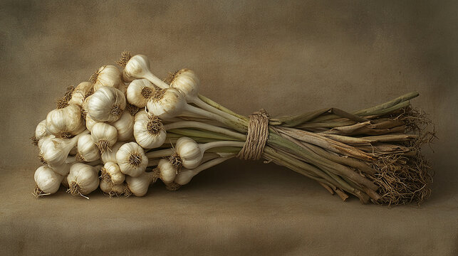 A bundle of fresh garlic bulbs tied together placed