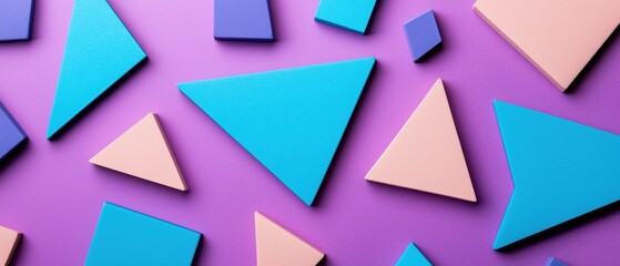 A colorful pattern of triangles and squares on a purple background