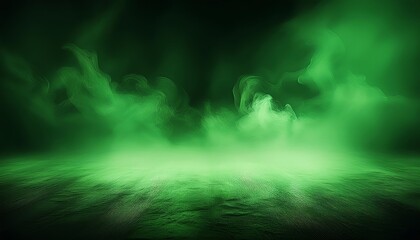 Abstract background of green color with dark gradient, smoky and smoke on the floor