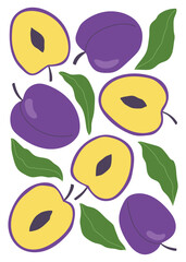 Abstract fruit poster in minimalist style. Modern botanical print with hand drawn plums and leaves. 