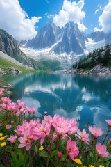 Serene alpine lake reflecting majestic mountains framed by vibrant pink and yellow bloom