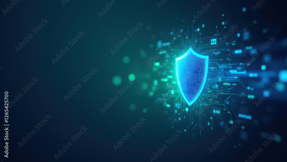 Wall mural this is a digital graphic representing cybersecurity, featuring a shield encased by glowing green an