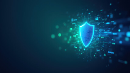 This is a digital graphic representing cybersecurity, featuring a shield encased by glowing green and blue energy particles with an intricate network pattern behind it.