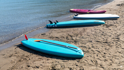 A row of colorful paddleboards of various sizes rests on the sandy beach, ready for an adventure on the sea under the bright summer sky.