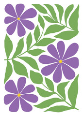 Abstract flowers poster in minimalist style. Modern botanical print with hand drawn purple flowers and leaves. 